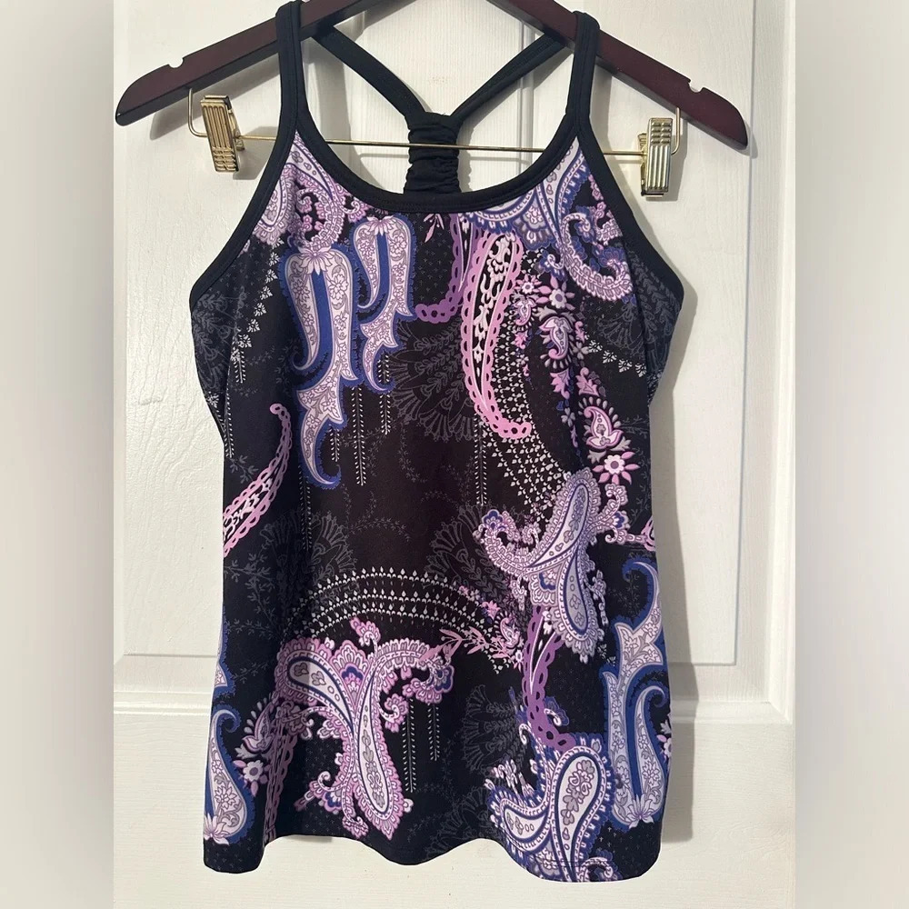 ATHLETA Retro Black Purple Knotted Racerback Paisley Bra S RICH SATURATED COLORS